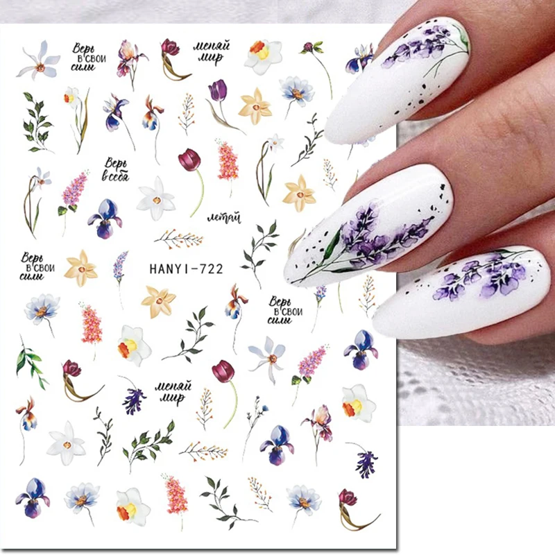 3d Nail Art Zelfklevende Sliders Stickers Lichtblauw Roze Paarse Bloemen Letters Stickers Voor Nagels Tips Decoraties