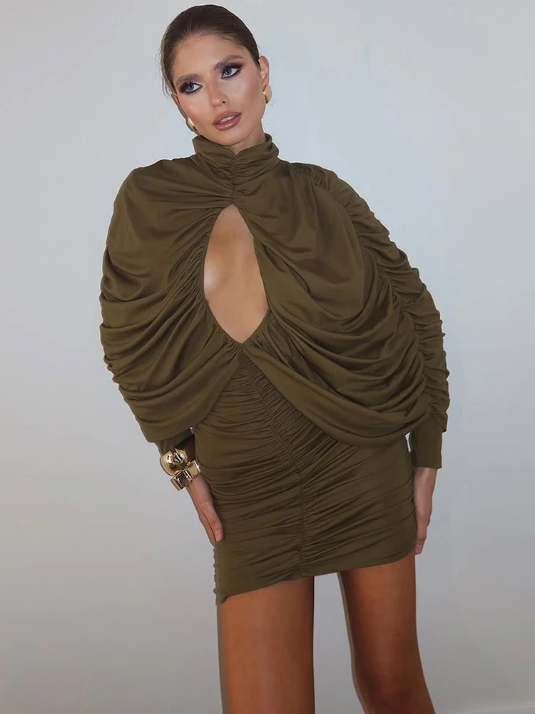 Kliou Sexy Hollow Design Mini Dress Woman Turtleneck Full Sleeve Skinny Peach Hip Hot Girl Street Fashion Ruched Elegant Bodycon