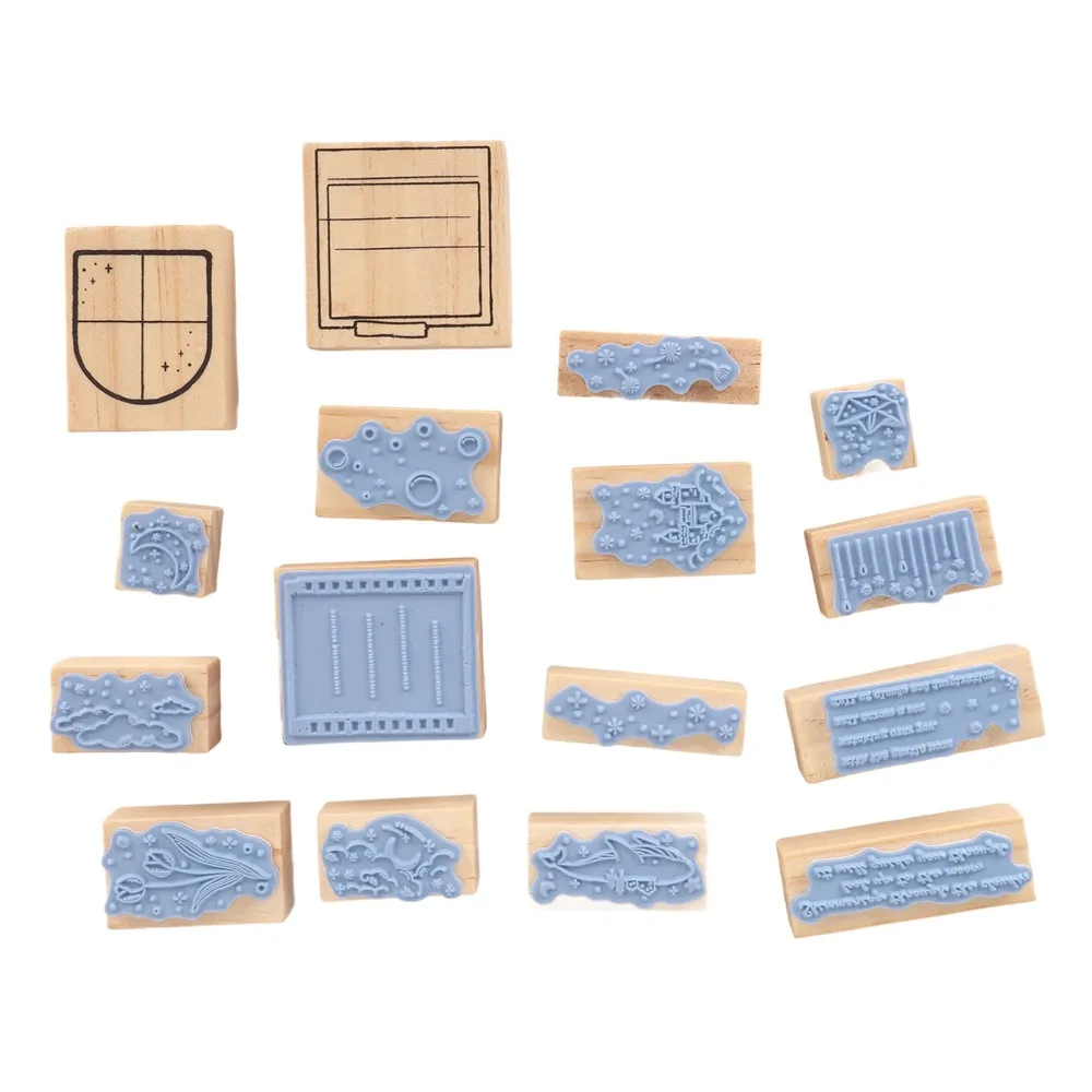 16pcs Clear Imprint Wooden Rubber Stamp Set Moon Cloud Scenery Delicate Carving Decorative Wood Stamp Rectangle Stamp Set