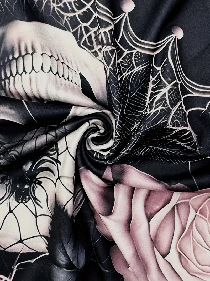 تي شيرت نسائي PLUS Retro 3D مطبوع بالكامل بأكمام قصيرة مع أنماط طباعة الجمجمة والأزهار، مريح ومسامي #4