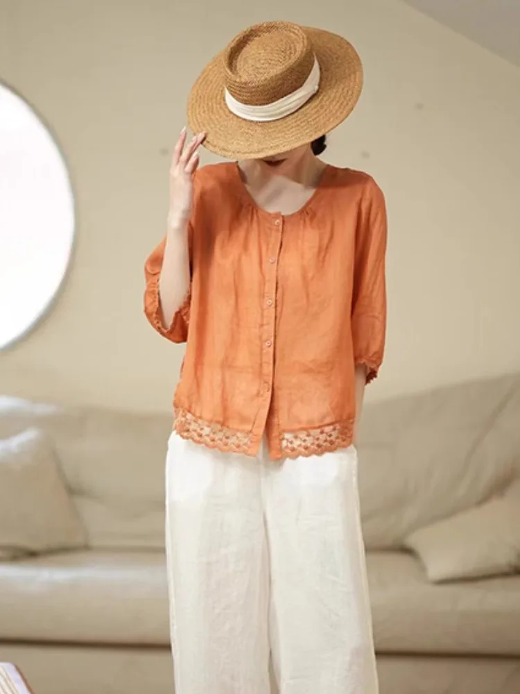 Retro Lace Trim Linen irt Women Summer Loose Thin Seven Sve Zen Sle Cotton Blend Regular Fit round Ne Button up Top