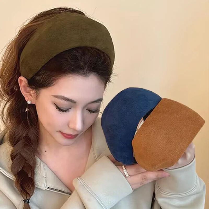 Vintage Imitation Suede Hairbands Women Anti-skid Hair Hoop Wide Edges Plush Fashion Solid Color Large Size Headbands Headwear