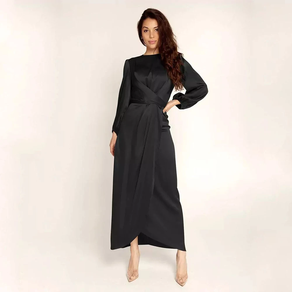 

Customized Elegant Charmeuse Pleat Sash Bow Criss-Cross A-line Jewel Midi Dresses Bespoke Occasion Dresses Fashion Classic Retro