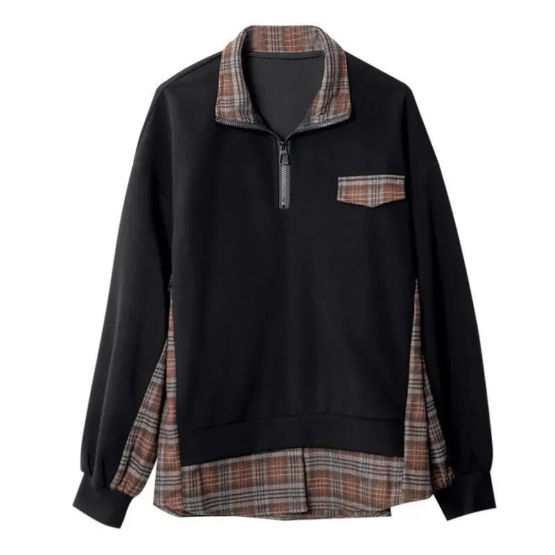 

Casual Streetwear Oversized Hoodie Half Zipper Polo Collar Chic Long Sleeve Tops Women Korean Fashion Plaid Patchwork Sweatshirt