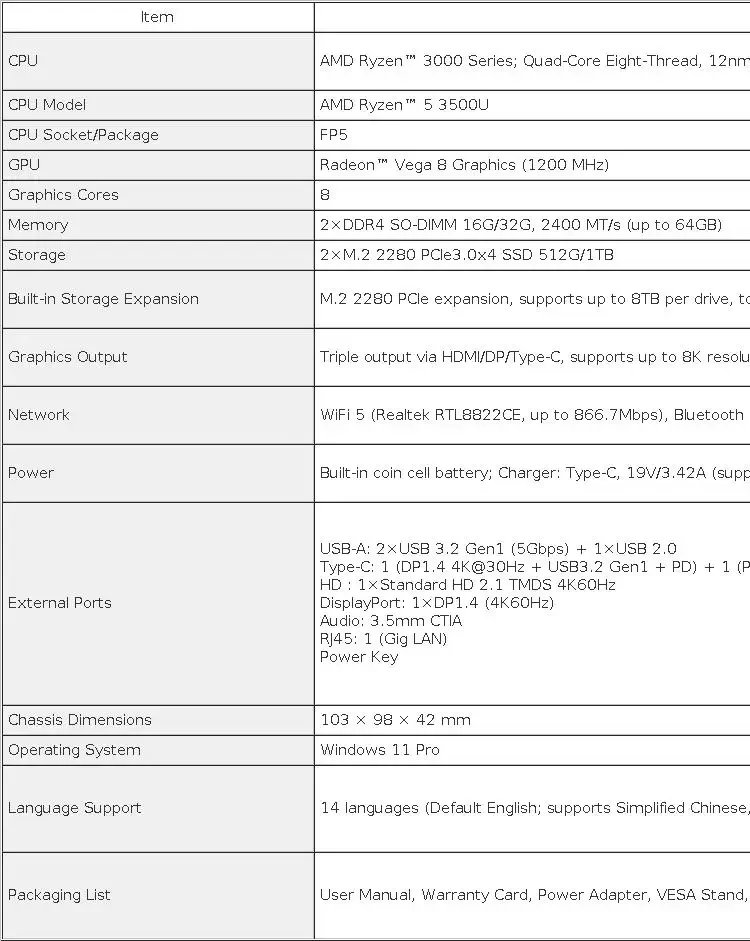 GMKtec G10 AMD Ryzen 5 3500U MINI PC Windows 11 Pro DDR4 M.2 SSD WIFI5 BT5.0 2.5G LAN Desktop Office Mini PC Gamer Computer