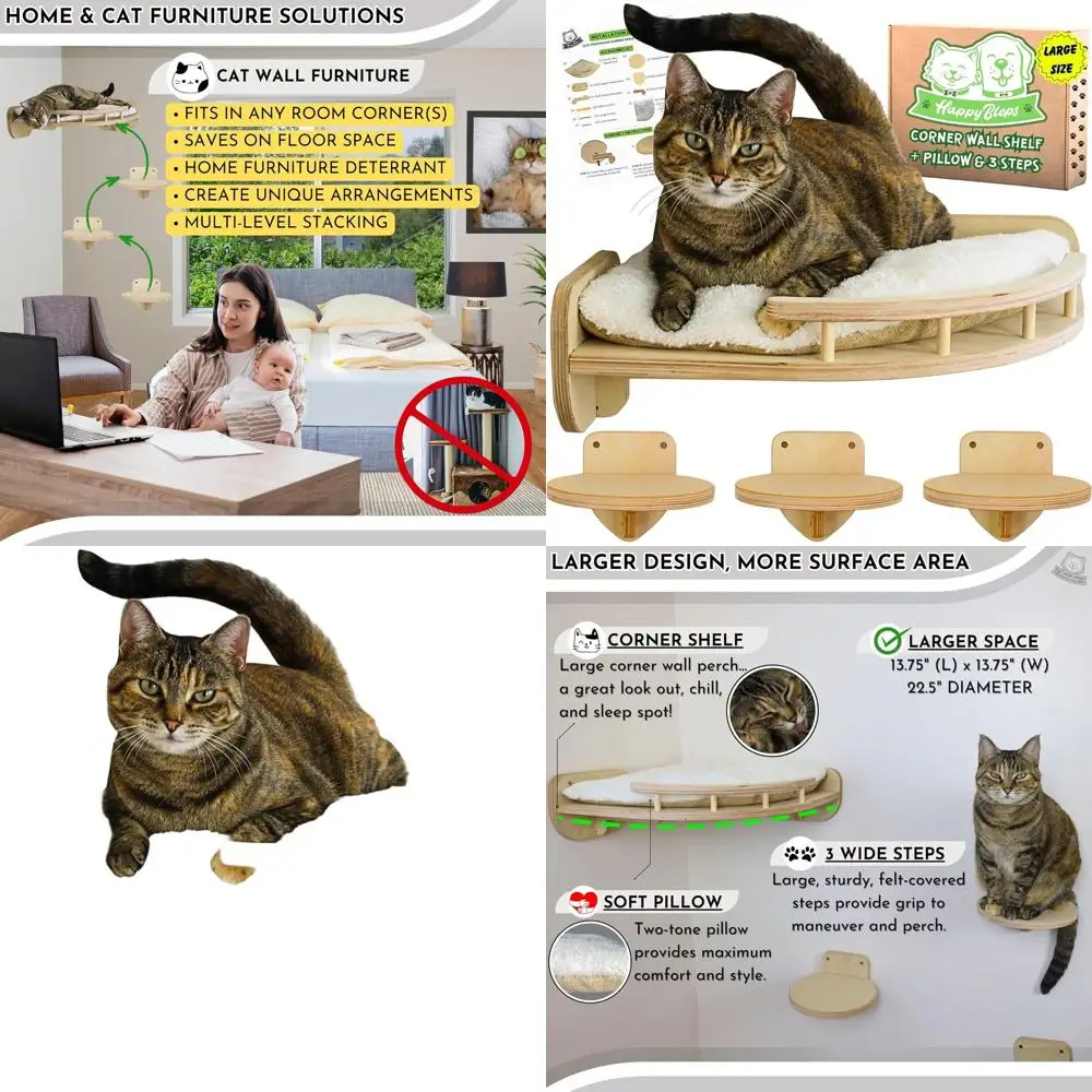 

Premium Hardwood Cat Wall Steps with Pillow & 3-tier Orthopedic Design for Large Cats, Modern Climbing Shelf Perch