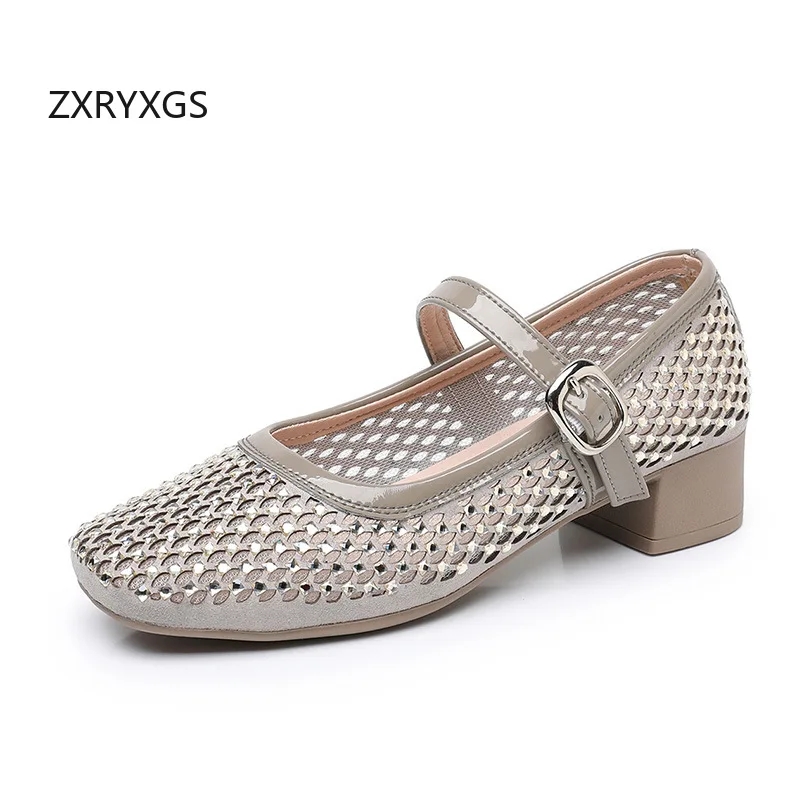 ZXRYXGS Premium Microfiber Hollow Rhinestone Women's Trendy Sandals 2026 Summer Breathable Mid Heel Sandals Large Size Sandals