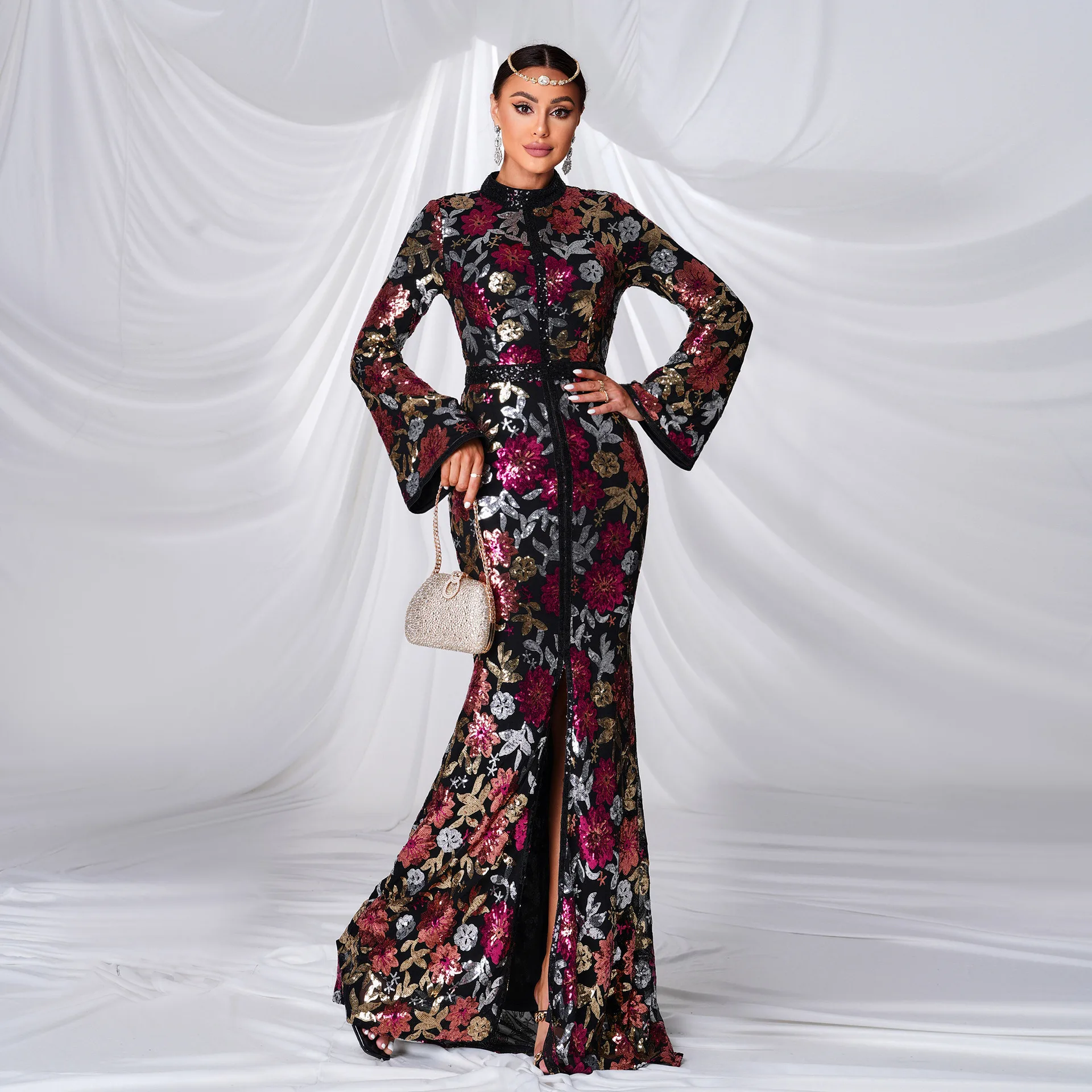 

Saudi Arabia Middle East New Premium Long Sleeve Crew Neck Banquet Sequins Fishtail Evening Dress Dresses Women's Clothingdance