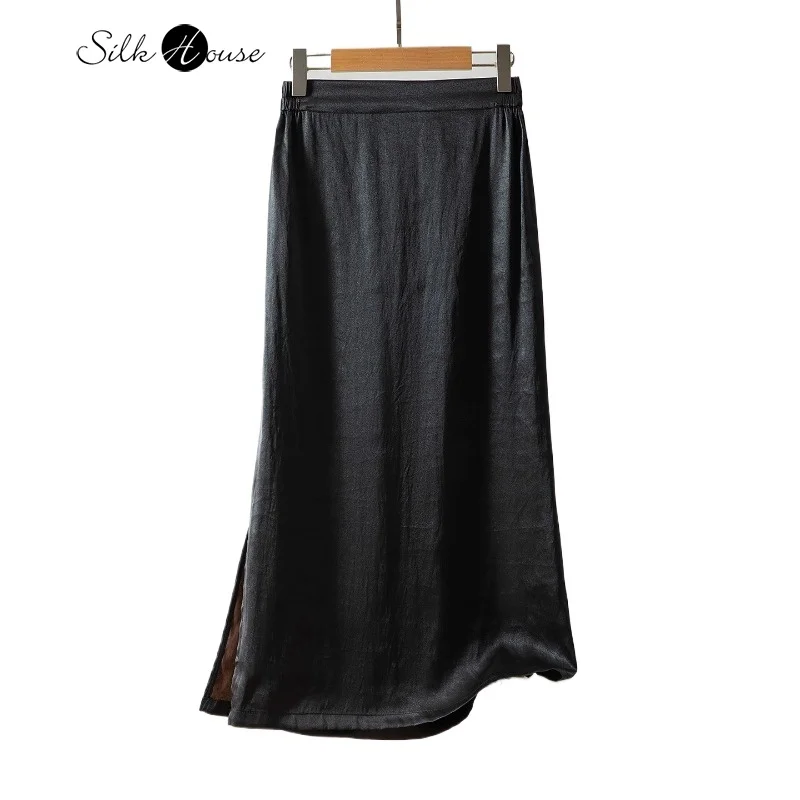 

Women's Early Autumn New 100% Natural Mulberry Silk Gambiered Guangdong Gauze Elastic Waist Black Bag Hip Split One Step Skirt
