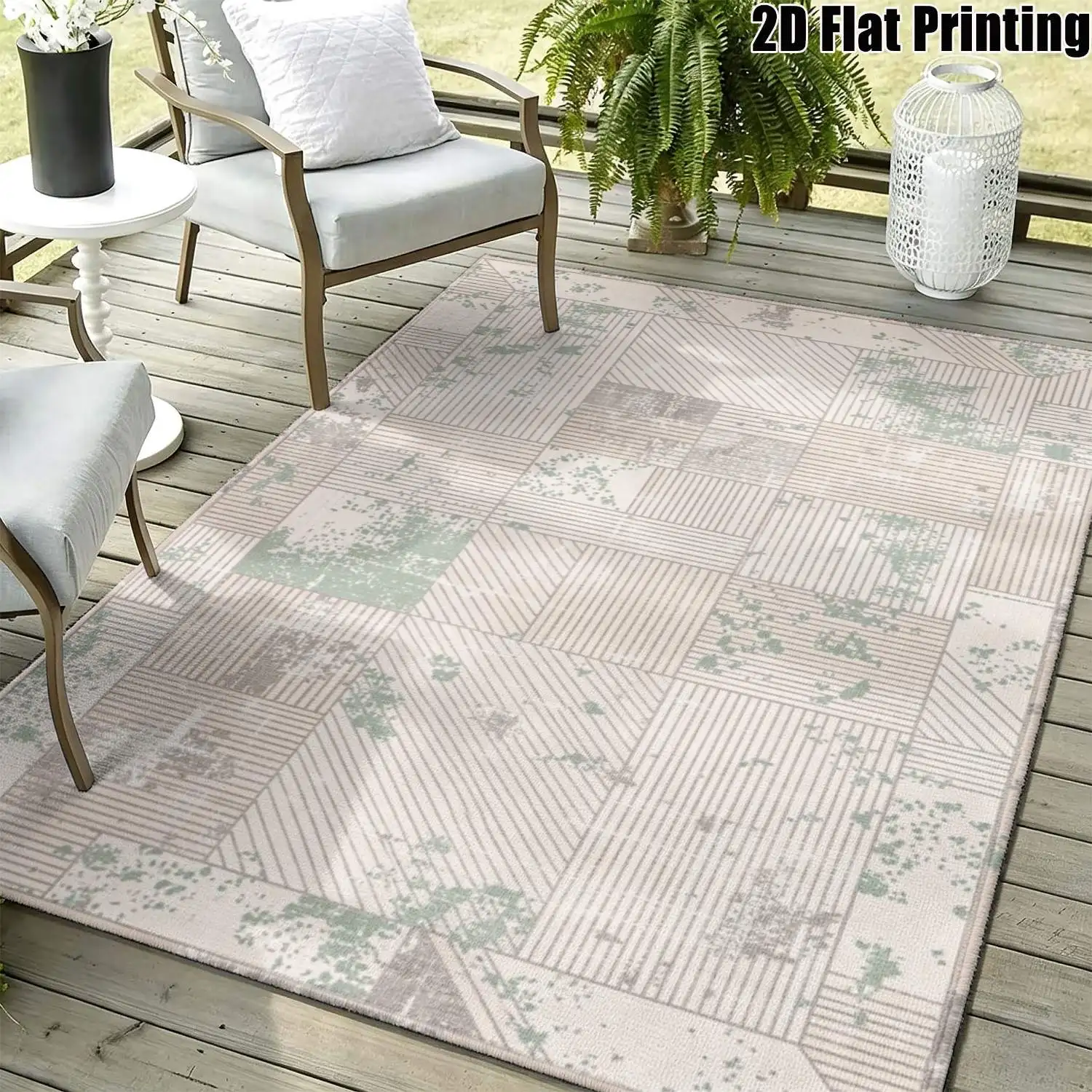 1Pc 2D Printed Carpet: Light Green & White-Grey Geometric Striped, Nordic/Modern Minimalist/Vintage Style, Instagram-Style Floor Mat, Home Decor, Multi-Size, Machine Washable, Suitable for Entrance/Dining Room/Foyer/Bedroom/Living Room