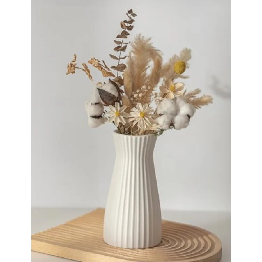 White Ceramic Flower Vase: 7.9" Tall Unglazed Pampas Grass Vases for Building Block Flowers - Modern Decorative Table Centerpie