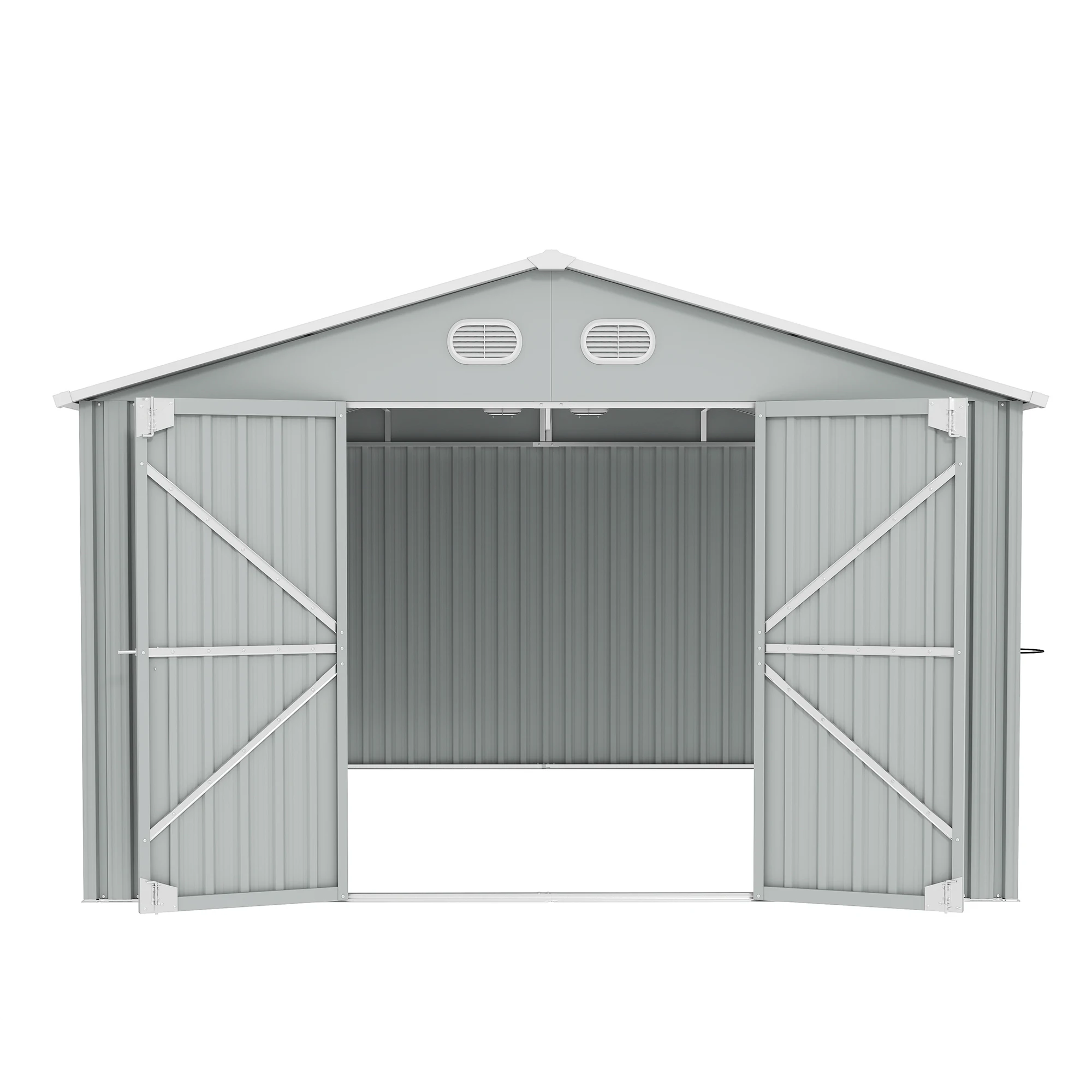 10x12ft Outdoor Metal Storage Shed, Waterproof & UV Resistant Garden Tool Shed with Lockable Door & Sloped Roof, Large Backyard Storage House with Free Foldable Flower Pot Stand, White