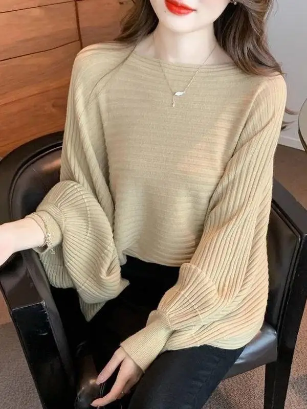 

Autumn Winter Loose Design Fashionable Outerwear Pure Color Knitted Base Shirt Inner Wear Elegant Atmosphere Long Sleeve Top