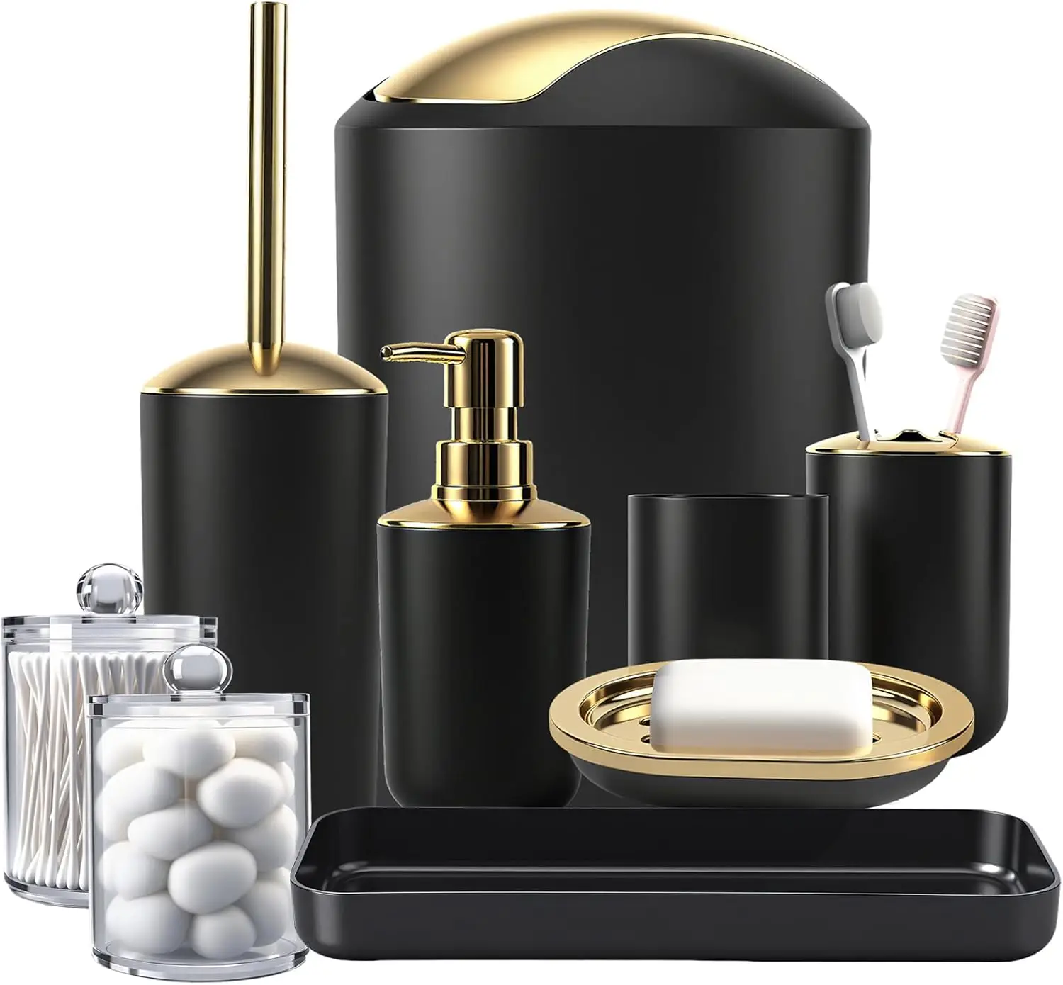 

Complete 9-Piece Bathroom Accessories Set with Trash Can, Soap Dispenser, and Organizer for Modern Homes