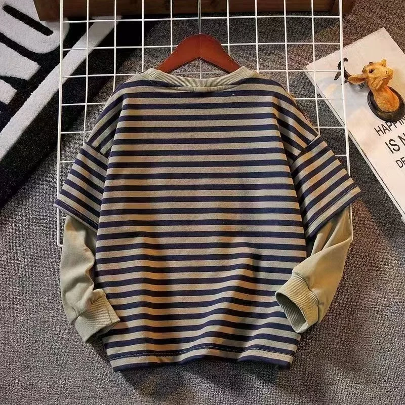 Boy Fake Two-piece Sweatshirt T-shirt 2026 Spring Striped Patchwork Fashion Korean Children Casual Loose Top Simple Style 4-12T