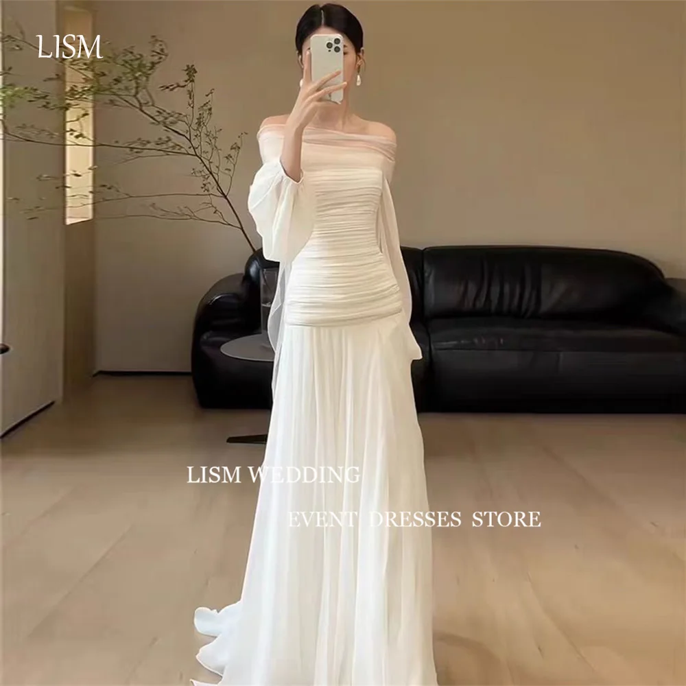 

LISM Elegant Silk Chiffon Wedding Dresses Off Shoulder Puff Long Sleeves Country Bride Gowns Customized Plus Size Vestidos
