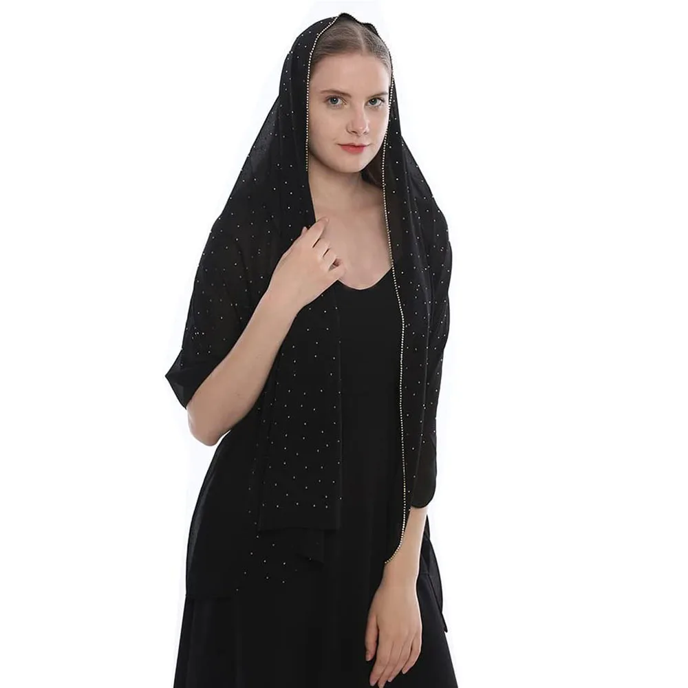 Lenço feminino de chiffon hijab macio, lenços longos, guarnição de strass glitter, monocromático, na moda