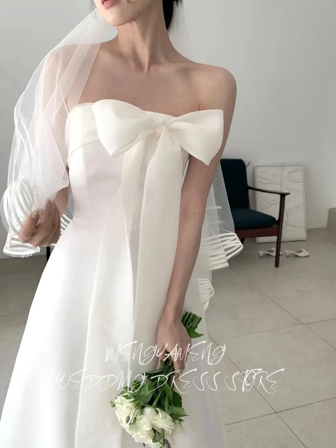 ZHUISHU Simple A-Line Bow Wedding Party Dress Strapless Floor Length Ivory Organza Korea Photo Shoot Bridal Gown Customized