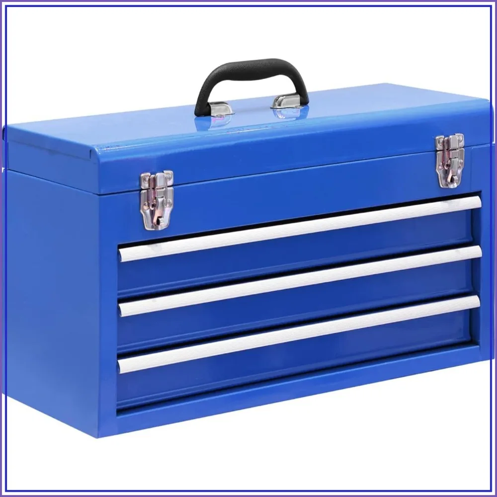 3 Drawer 20 Inch Metal Tool Box Portable Steel Chest with Latch for Garage Home Workbench Blue
