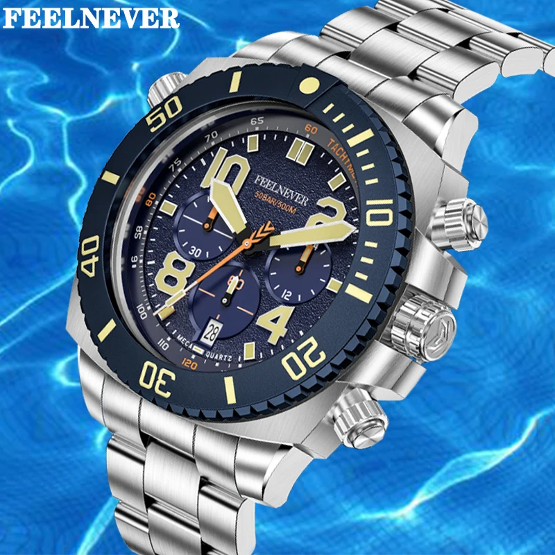 FeelNever Fashion Luxury Watches for Men Business Big Dial Stainless Steel Sapphire Quartz Man Watch Chronograp Reloj Hombre+Box