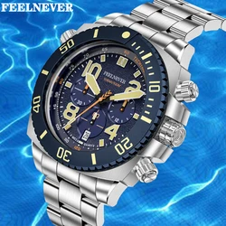 FeelNever Fashion Luxury Watches for Men Business Big Dial Stainless Steel Sapphire Quartz Man Watch Chronograp Reloj Hombre+Box