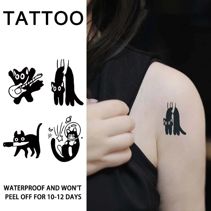 Playful Cat Temporary Tattoo Sticker, waterproof and long-lasting, realistic herbal tattoo sticker for arm and collarbone.