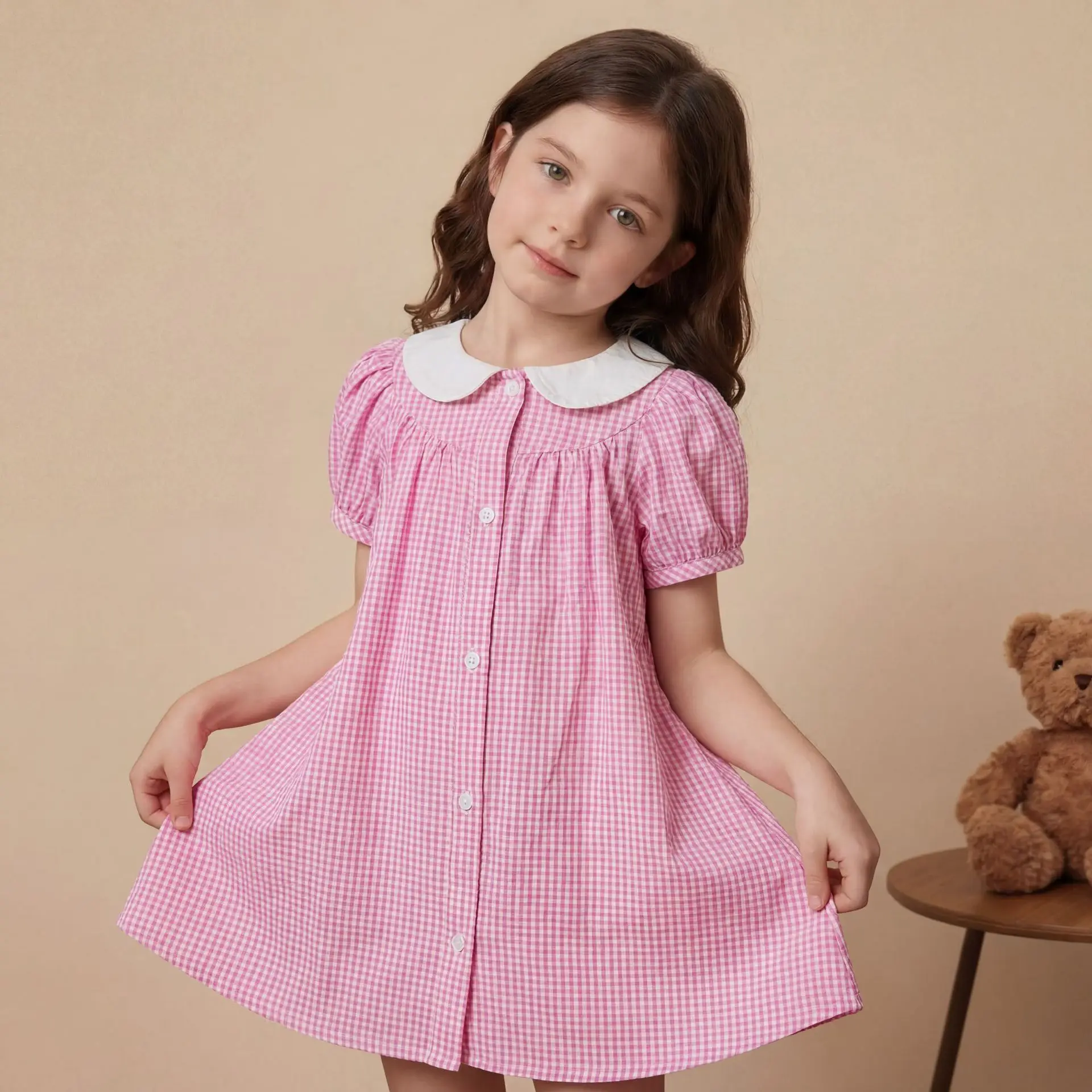 Collar Fashion Plaid Short Sleeved Children's Dress for Baby Girls Summer Wear Kids Fashion New Style Skirt