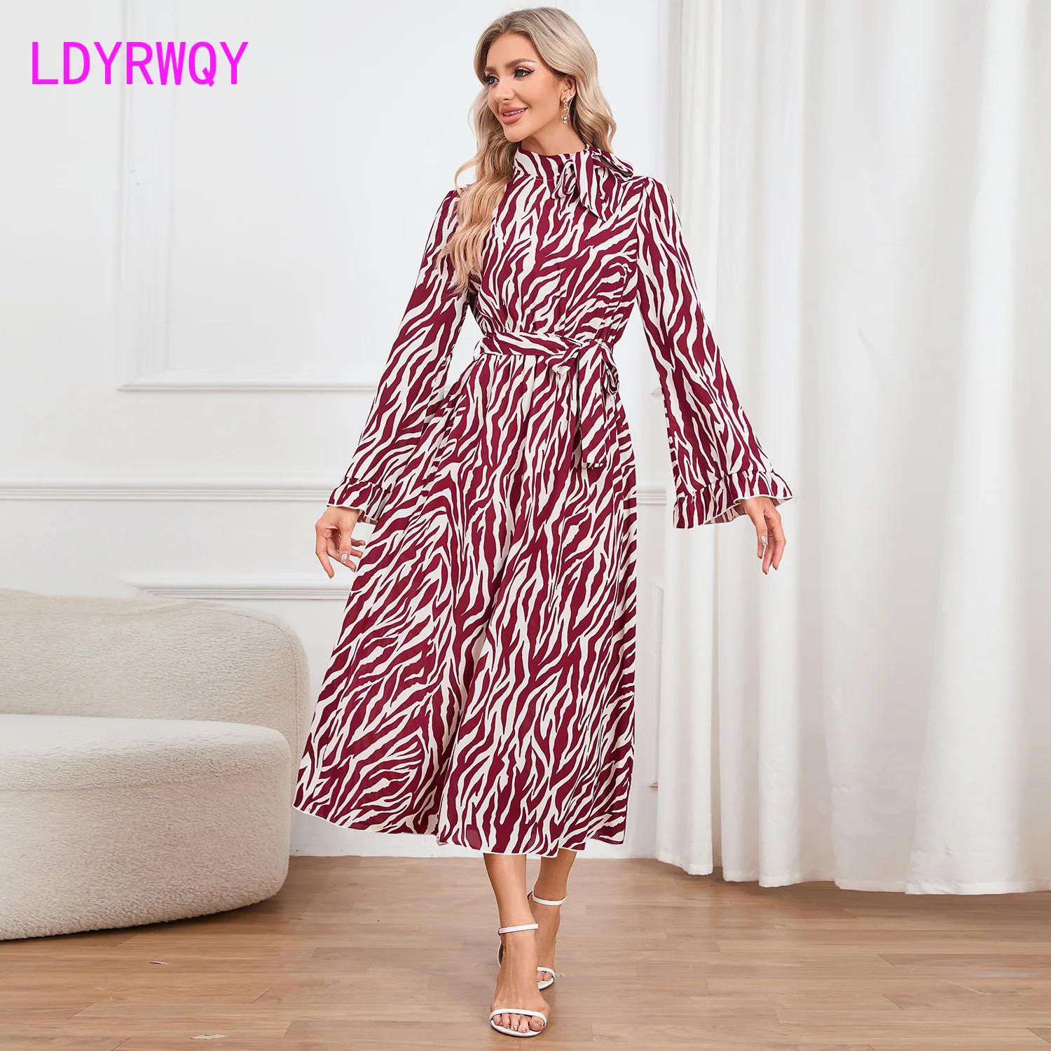 

Slim Fit Style Flare Sleeves Standing Neck Thin Belt Dress Leopard Print Long Skirt