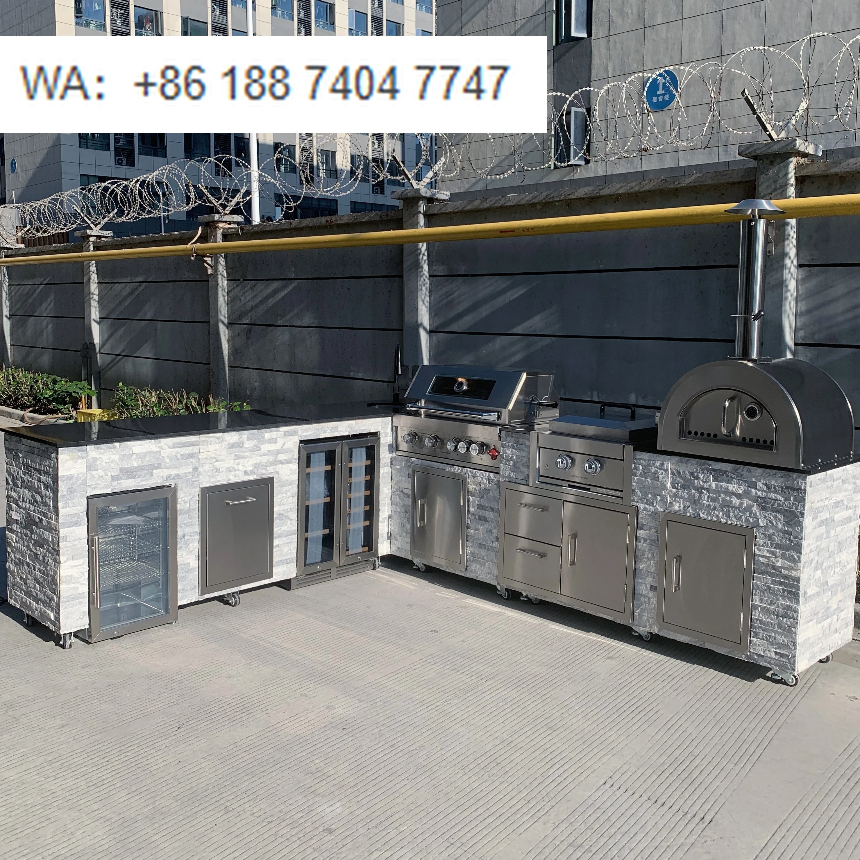 

L-Shaped Luxury Cast Stone 4-Burner Stainless Steel Gas Grill Party Wine Cooler Pizza Oven Access Door for Outdoor Kitchen Use