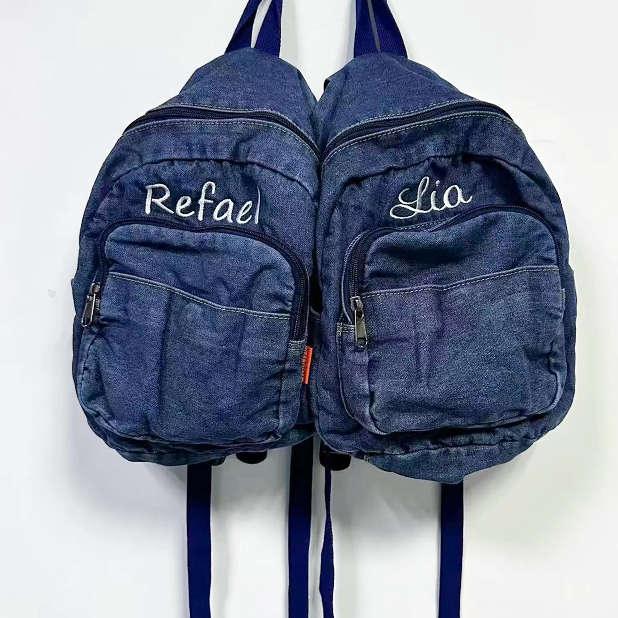 

Personalized Couple Campus Fashionable Denim Backpack, Embroidered Backpack With Your Name, Custom Christmas Unique Gift Package