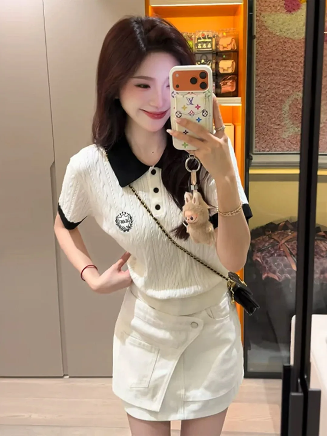 

Korean Style Embroidered Shirt Short Sleeve Knitted Slim Fit Women's Summer Top Breathable Soft V-Neck Casual Tee