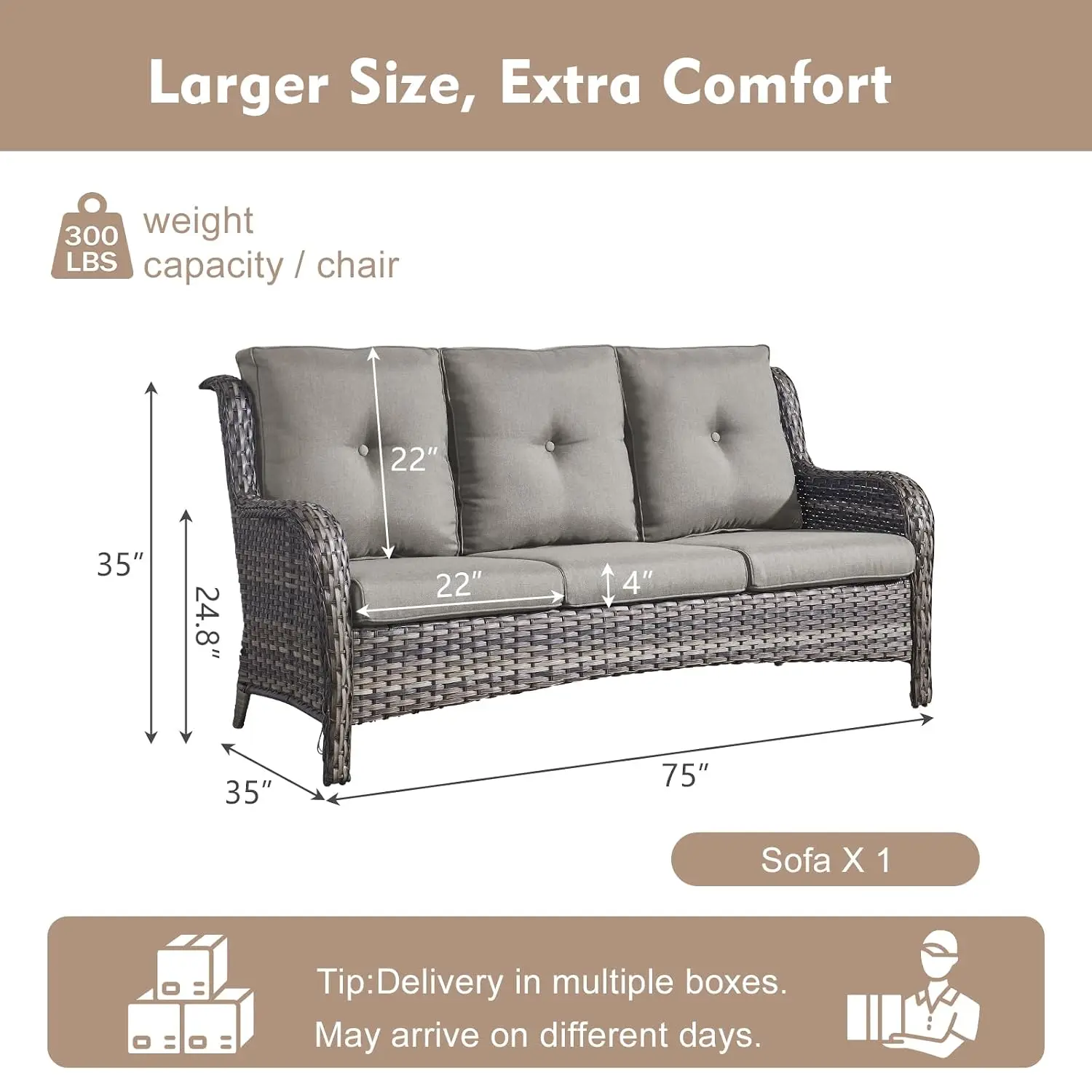 3 Seater Wicker Patio Sofa with Deep Cushions, 900Lbs, All Weather for Backyard & Poolside, Mixed Grey, Customized