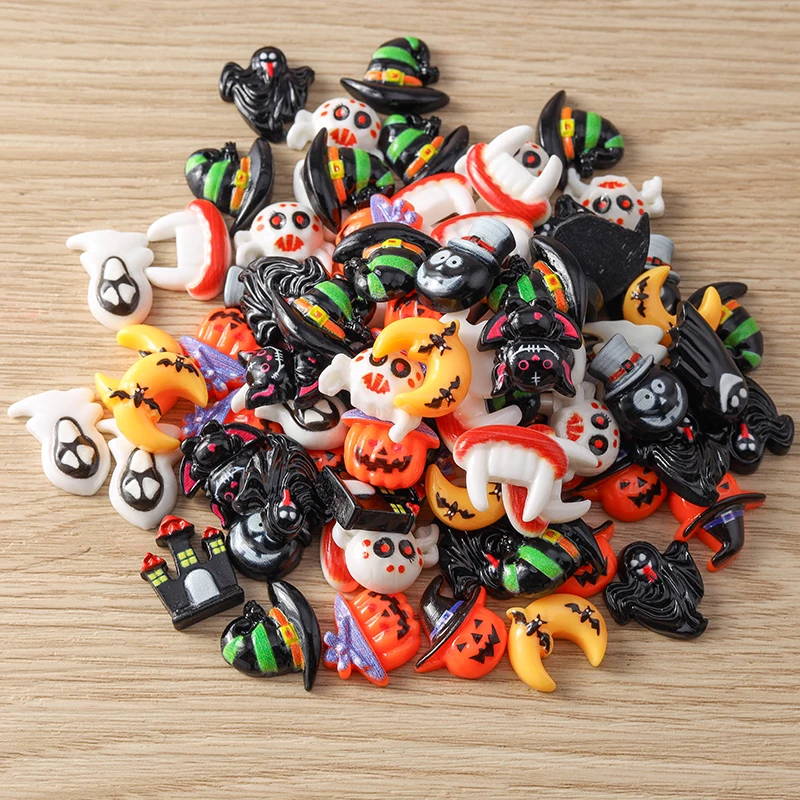 Tusember 10 Stück Halloween-Anhänger aus Harz, flache Rückseite, Kawaii-Motiv: Mond, Spinne, Fledermaus, Kürbis, Geist für DIY-Nagelkunst, Haarspangen, Broschen-Dekoration – Detail 5