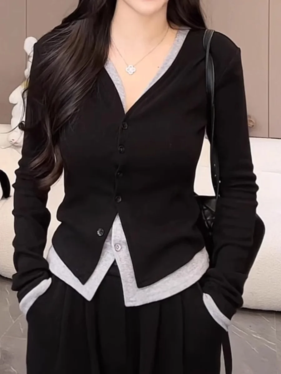 Elegant V-Neck Long Sleeve T-Shirt Women's Spring Autumn plus Size Slimming Versatile Top Korean Style Commute Fashion