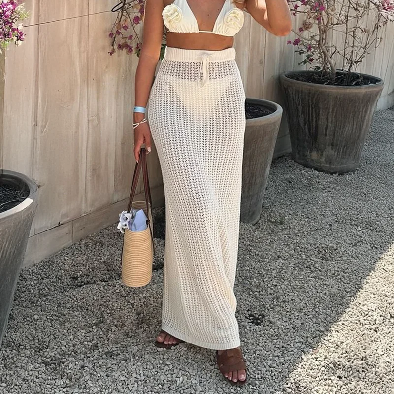 

Women Hollow Out Knit High Waist Drawstring Maxi Skirt Beach Cover Up
