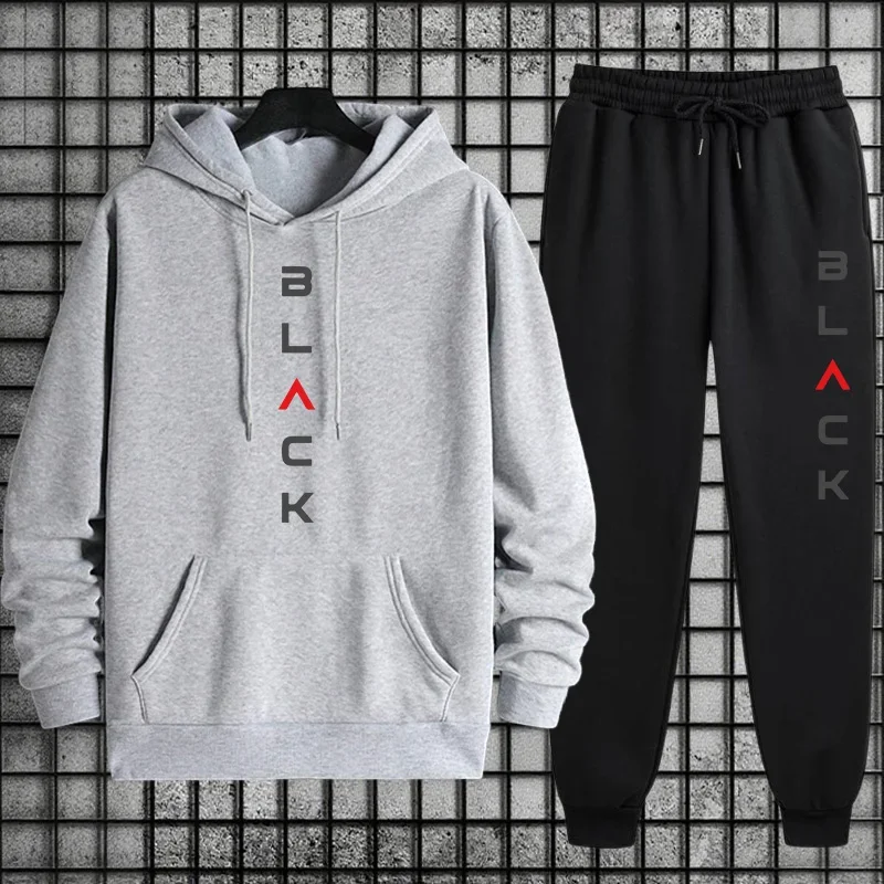 2026 New Arrival Men's Tracksuit Black Letter Print Sweatshirt + Pants Urban Causal Fashion Sportswear Fall/winter Sports Suit