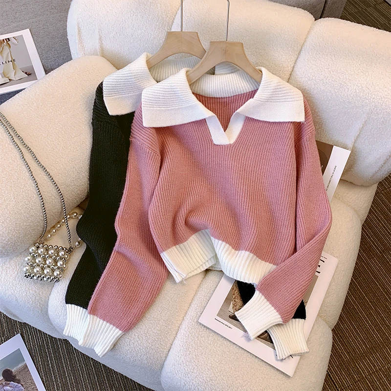 Pink Laple Knitted Sweater for Women Autumn Winter Gentle Sweet Short Pullover Temperament Long Sleeved Bottoming Tops