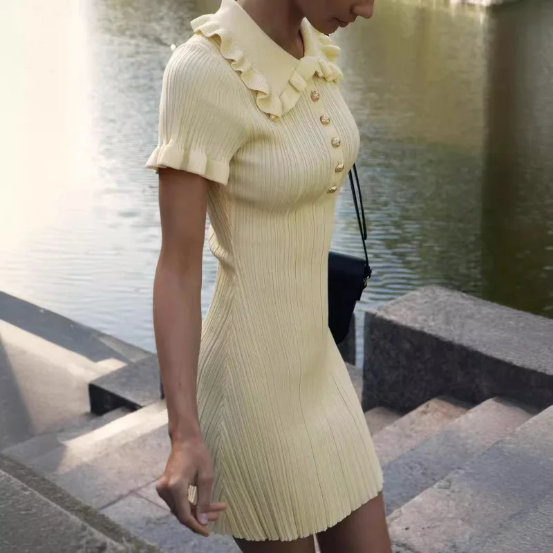 

Ruffled Amazon Dress Summer Vintage French Style European and American Cross-border2024Hepburn Style Tight Knitted Dress