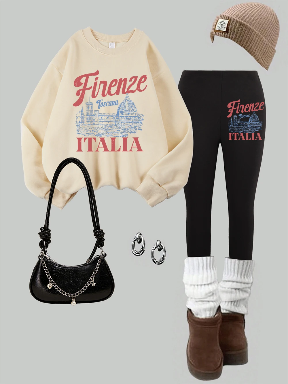 

2 Piece Women Firenze Italia Florence Cathedral Prints Sweatshirt Leggings Set Fleece Warm Hoodie Pants Autumn Woman Clothes