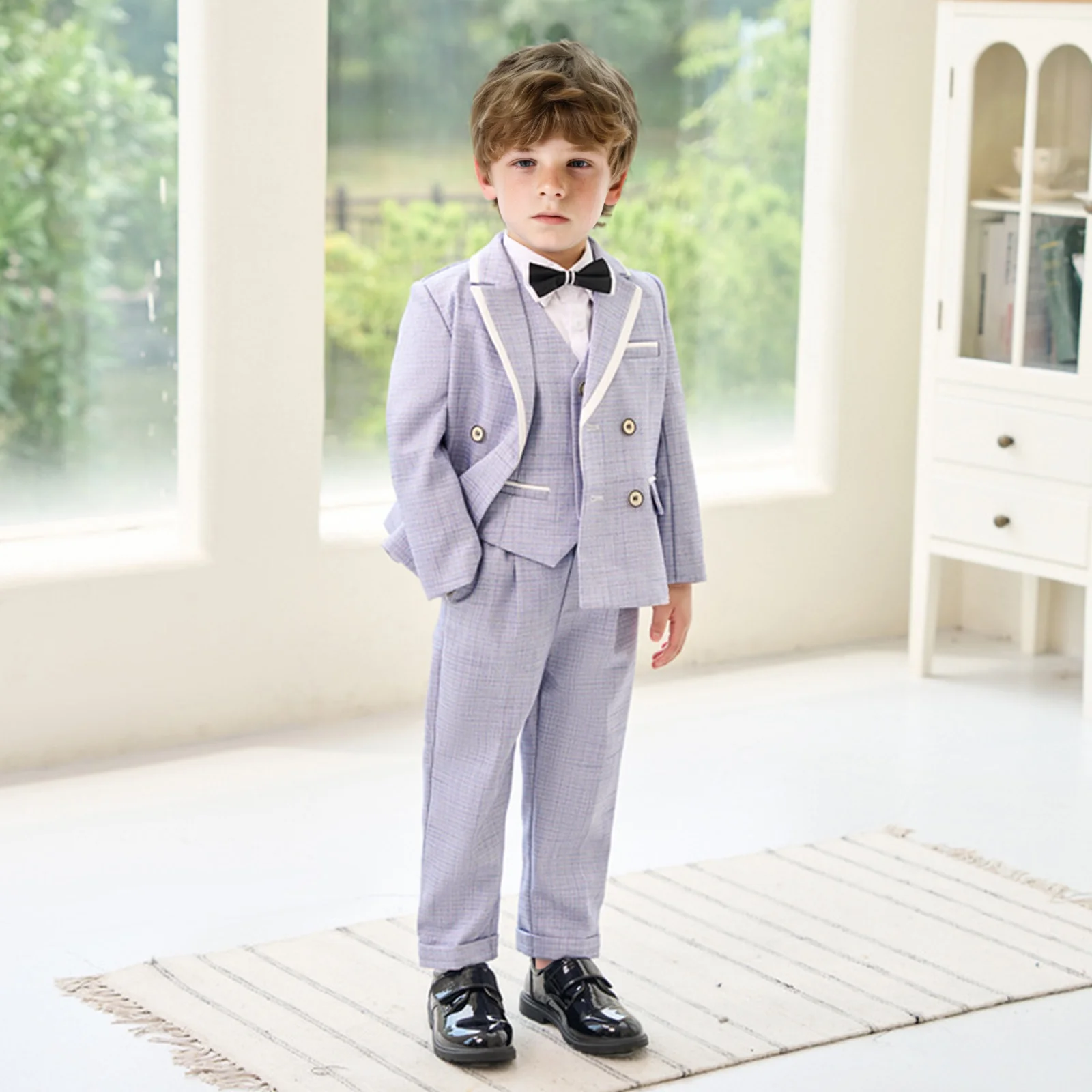 

Kids Blue Plaid Suit Set Flower Boys Wedding Dress Children's Piano Host Performance Costume With Jacket Vest Pants Bowtie