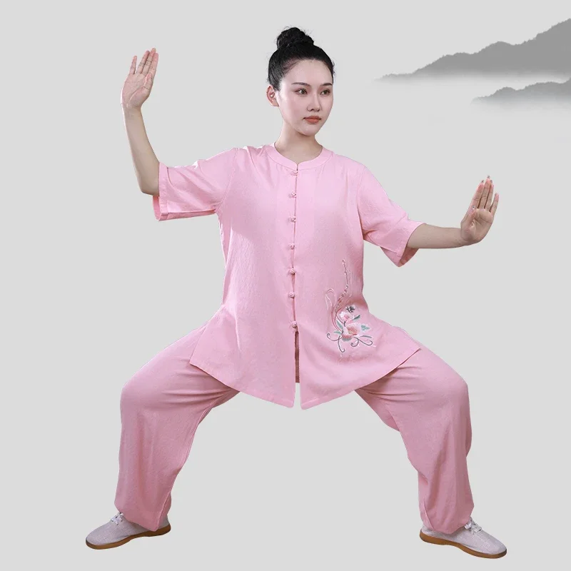 Kung Fu sukienka Wushu odzież Tai Chi ubrania sztuka walki jednolite kobiety dziewczyna Kun mistrz haft z krótkim rękawem 2023 w nowym stylu