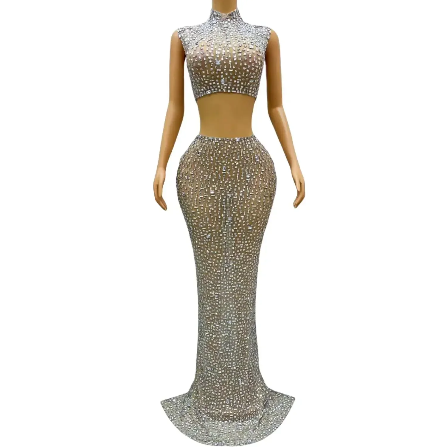 Fashion Lady Sexy Two Piece Set See Through Slit Crystal Rhinestone Mesh Dress for Club Party Wear Red Carpet Stage Show Costume