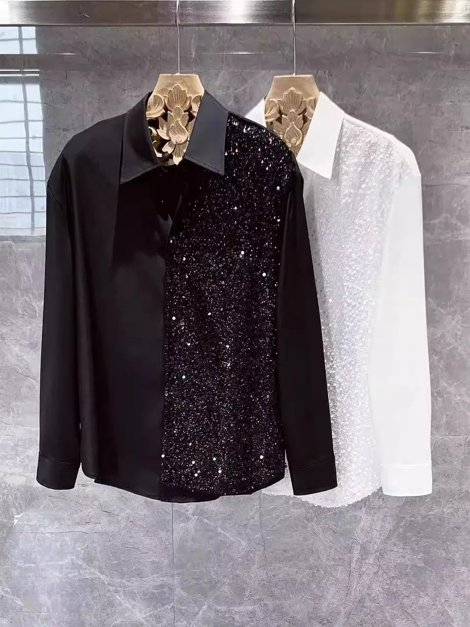 

Casual Long Sve мужские irt 2025 весенне-осенние блестящие лоскутные свободные iny Top Youth Faion Tag 129 брендовый специальный широкий крой