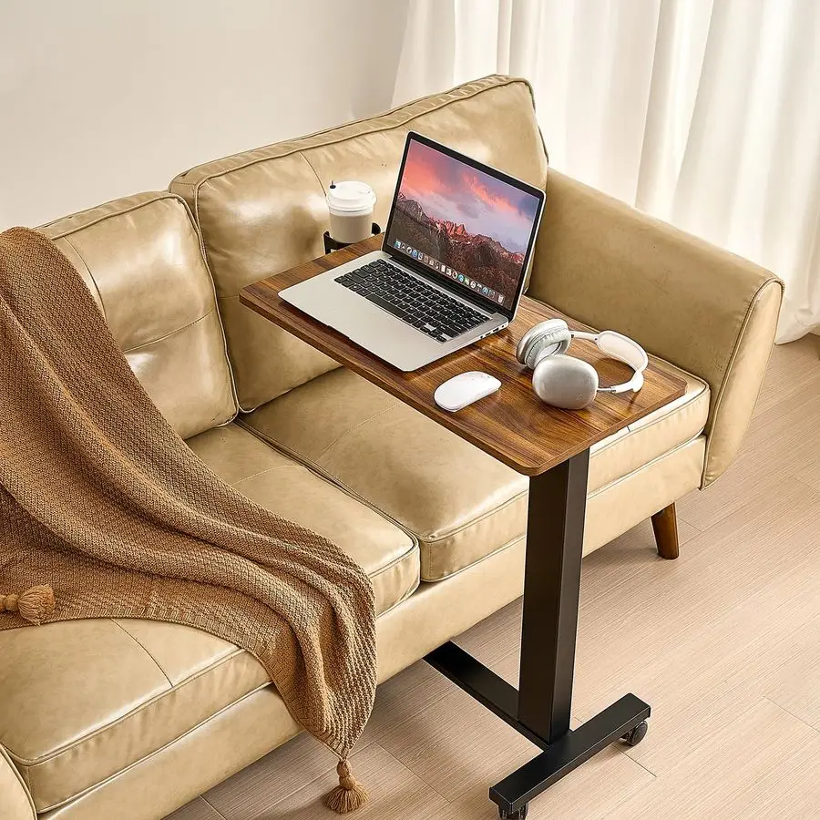 Electric Overbed Table, Height Adjustable Hospital Bed Table, Over The Bed Table with Wheels, Mobile Laptop Desk with Cup Holder