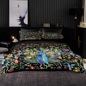 Painted peacock pattern duvet cover set, double king size bed duvet cover with pillowcase, black faux satin bedding set king