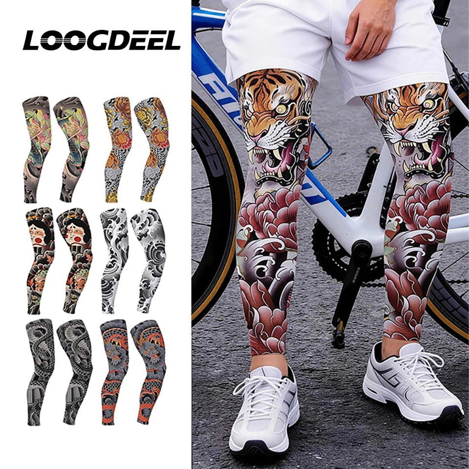 LOOGDEEL 1Pair Tattoo Printing Cyclying Leg Sleeves Elastic Cool Breathable Unisex Ice Silk Non-slip Leg Compression Sleeves