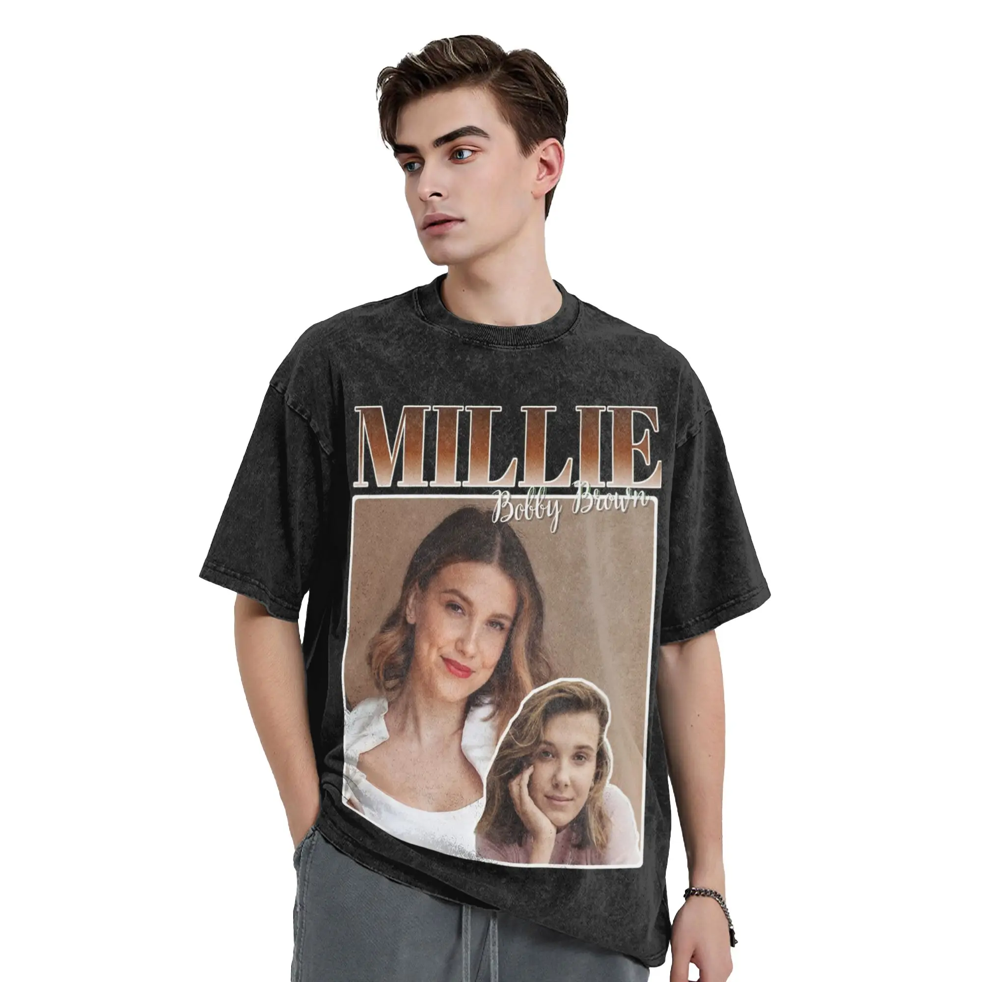Millie Bobby Brown T Shirts Hip Hop Washed Cotton Harajuku T-Shirt  Fashion Men Women Tops Streetwear Graphic Printed Tee Shirt