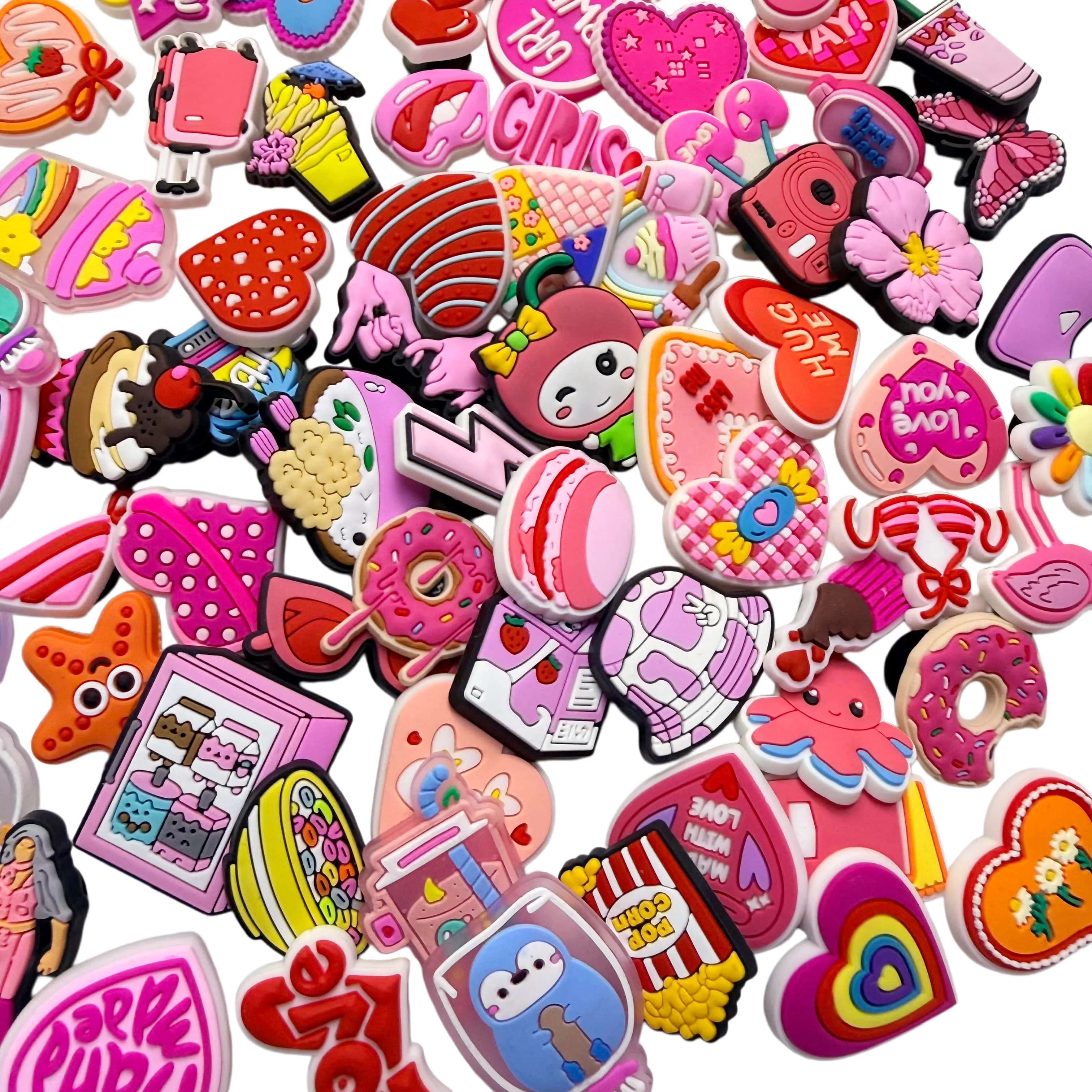 7-100Pcs Cartoon Mixing Pink Flower Heart Butterfly Bag Drinks PVC Shoe Charms Clog Sandal Shoes Accessorie Wristband Adult Gift