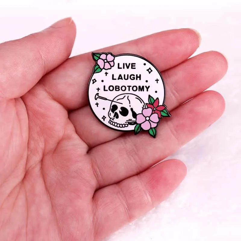 Gothic Skeleton Enamel Pin Set Funny Skull Floral Lapel Brooch Live Laugh Lobotomy Just One More Chapter Metal Badge Jewelry Gif