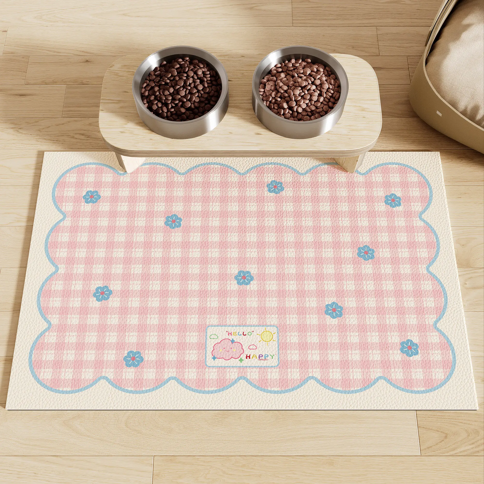 VIKAMA Pink Plaid Flower "Hello Happy" Print Pet Feeding Mat Waterproof Anti-Slip Food Mat for Puppy